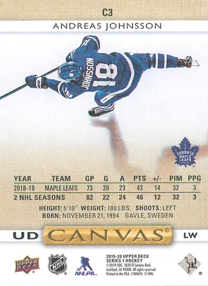 2019-20 UD Series 1 - Andreas Johnsson - Canvas #C3