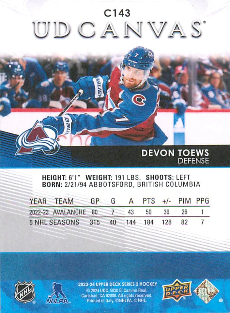 2023-24 UD Series 2 - Devon Toews - Canvas #C143