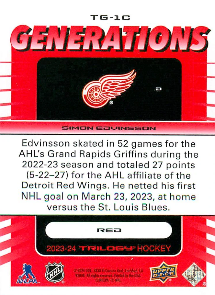 2023-24 UD Trilogy - Simon Edvinsson - Generations Red /799 #TG-1C