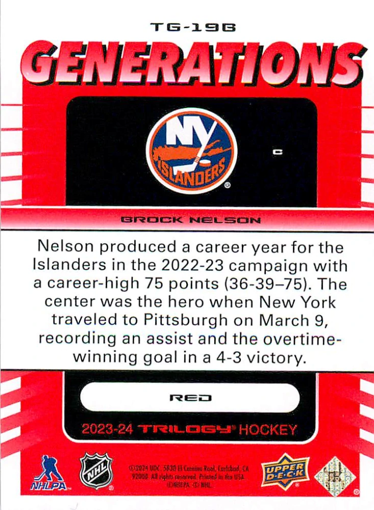 2023-24 UD Trilogy - Brock Nelson - Generations Red /799 #TG-19B