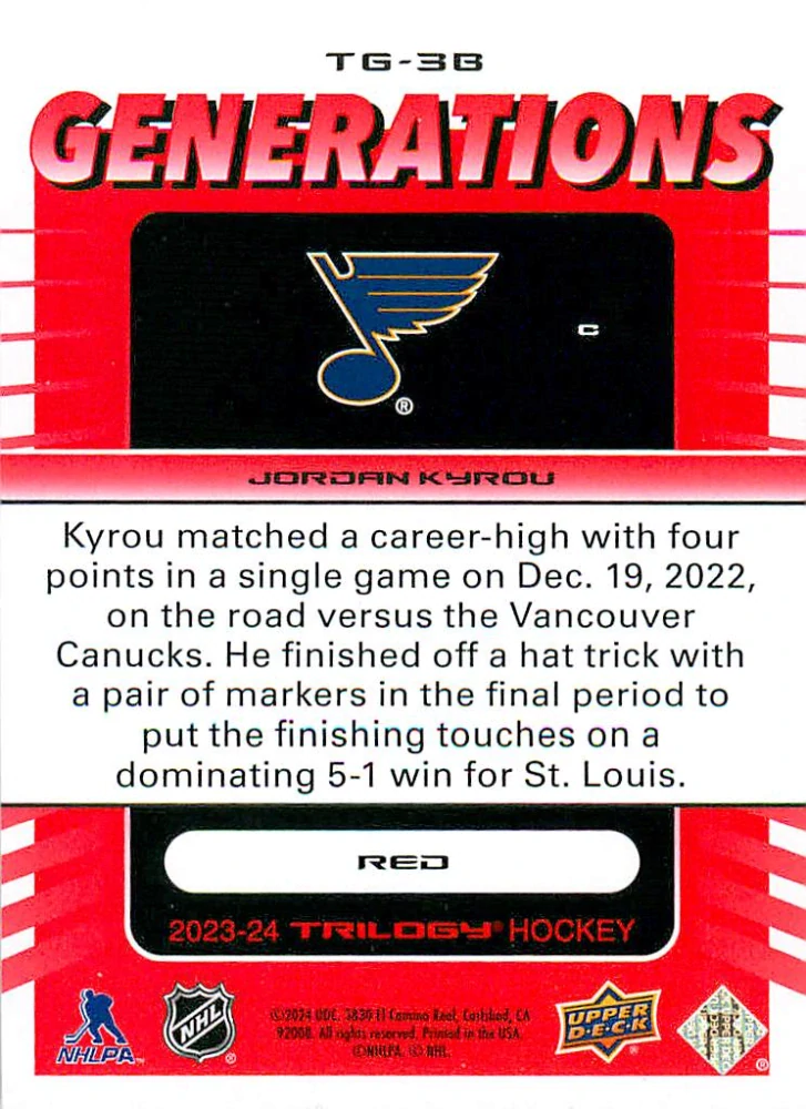2023-24 UD Trilogy - Jordan Kyrou - Generations Red /799 #TG-3B