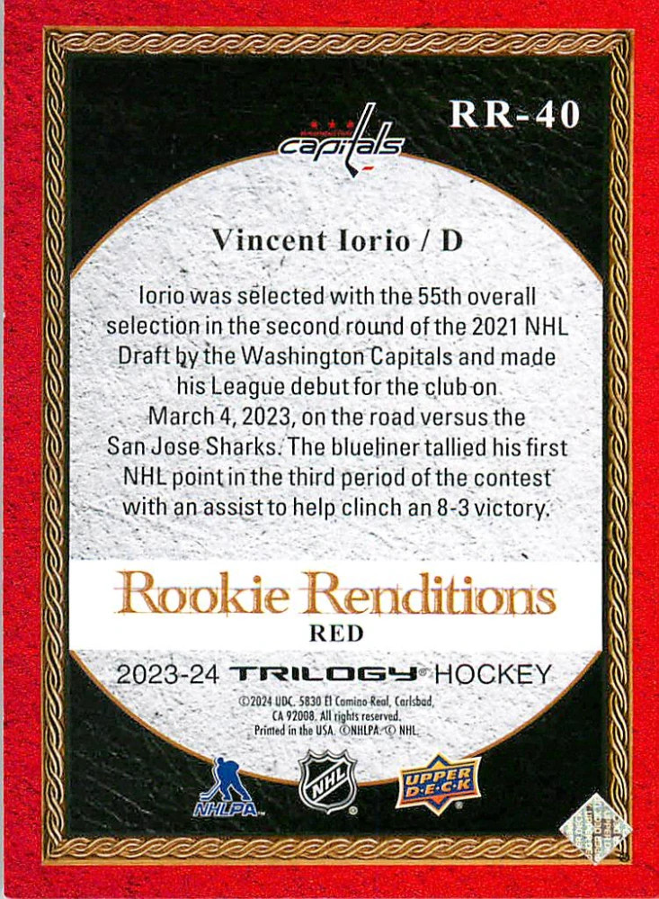2023-24 UD Trilogy - Vincent Iorio - Rookie Renditions Red /799 #RR-40