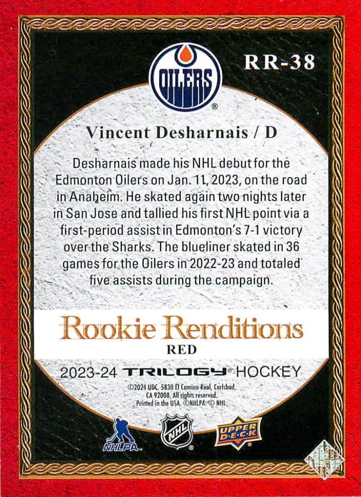 2023-24 UD Trilogy - Vincent Desharnais - Rookie Renditions Red /799 #RR-38