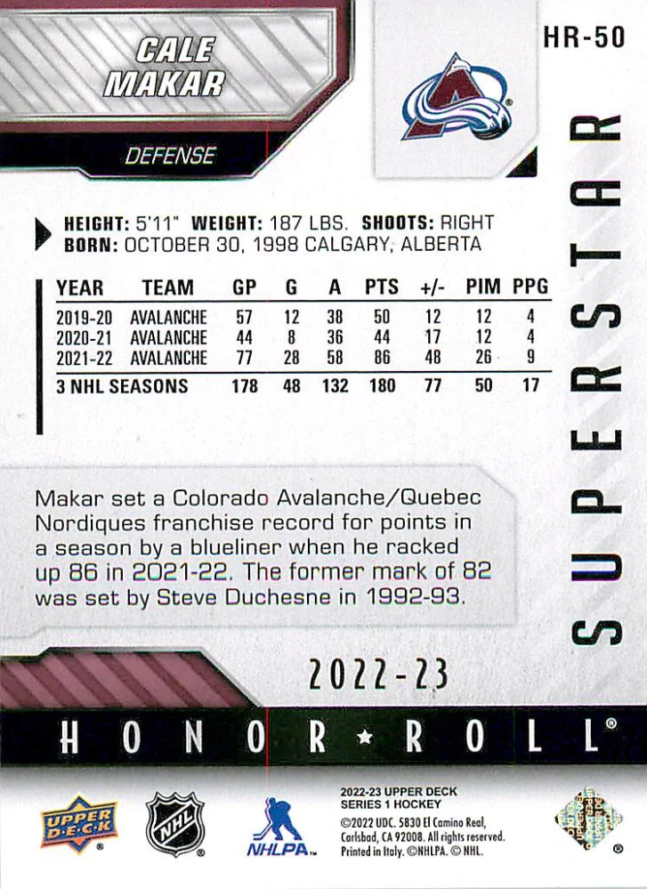 2022-23 UD Series 1 - Cale Makar - Honor Roll #HR-50