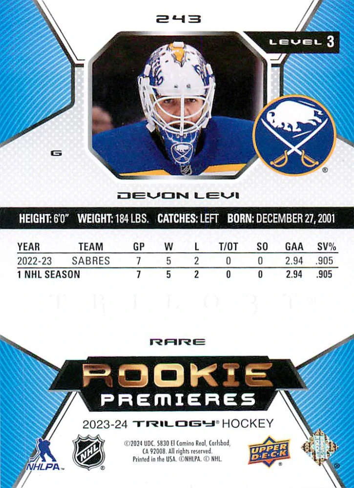2023-24 UD Trilogy - Devon Levi - Rookie Premieres Level 3 /299 #243
