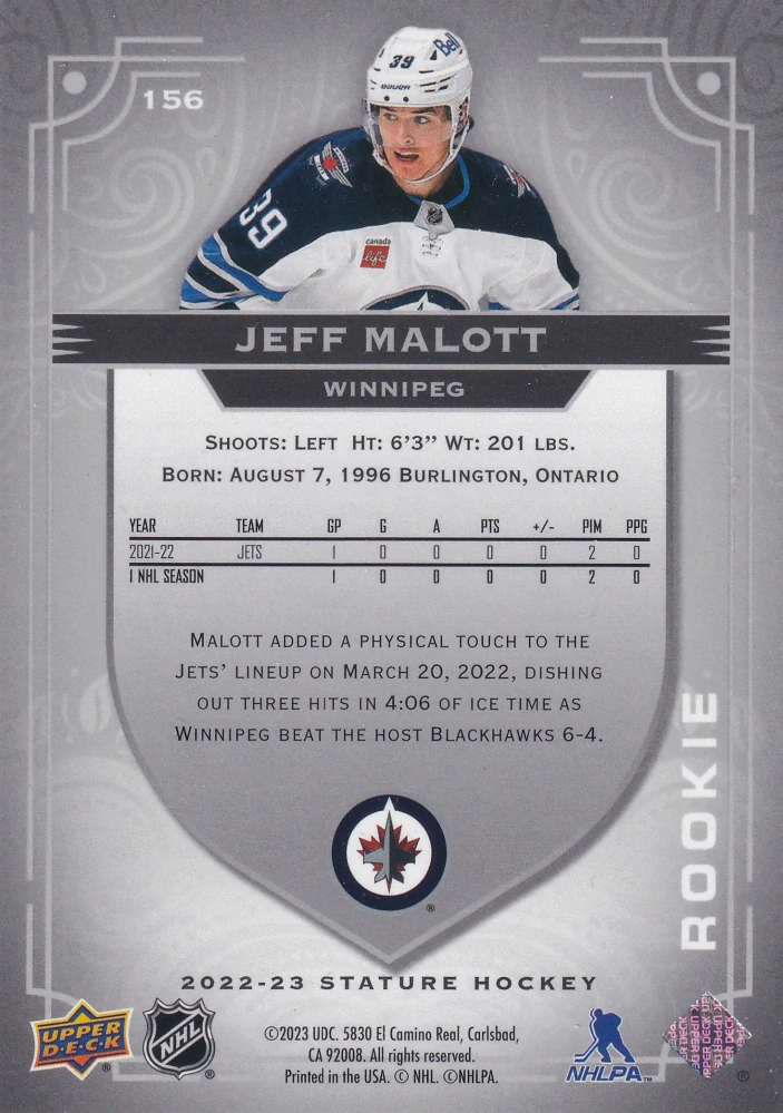 2022-23 UD Stature - Jeff Malott - Rookie /399 #156