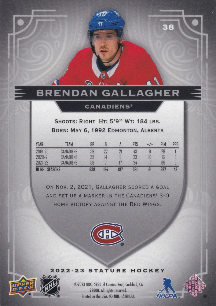 2022-23 UD Stature - Brendan Gallagher #38