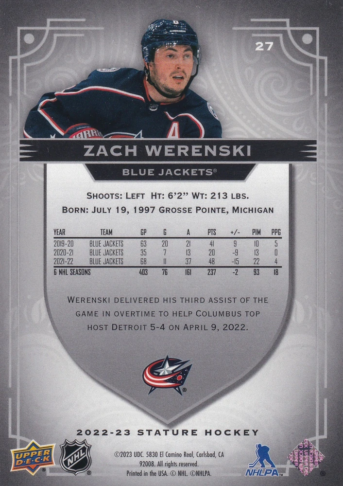 2022-23 UD Stature - Zach Werenski #27