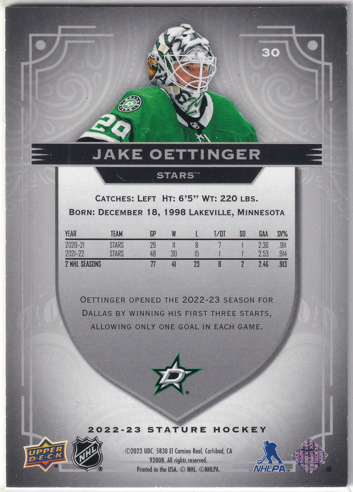 2022-23 UD Stature - Jake Oettinger #30