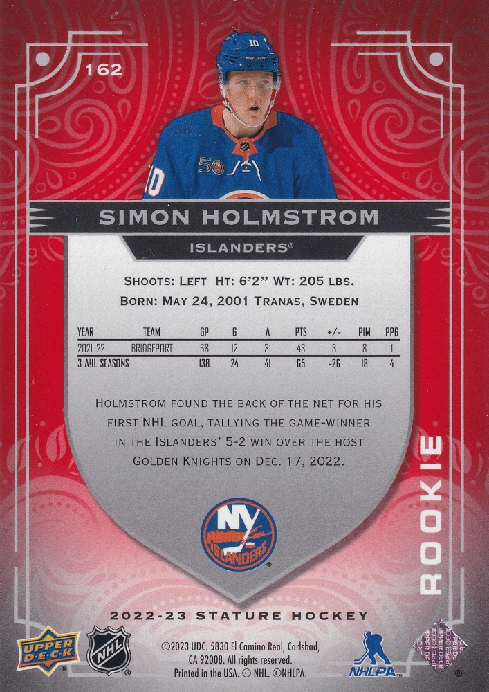 2022-23 UD Stature - Simon Holmstrom - Rookie Photo Variant Red /33 #162