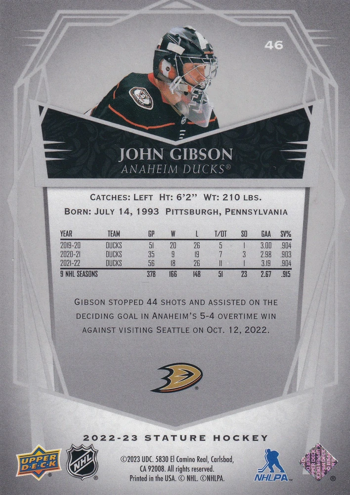 2022-23 UD Stature - John Gibson - Design Variant /65 #46