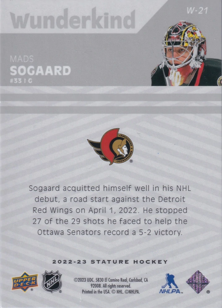2022-23 UD Stature - Mads Sogaard - Wunderkind #W-21