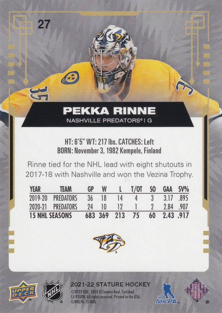 2021-22 UD Stature - Pekka Rinne #27