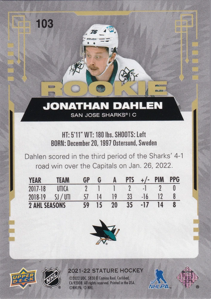 2021-22 UD Stature - Jonathan Dahlen - Rookie /399 #103