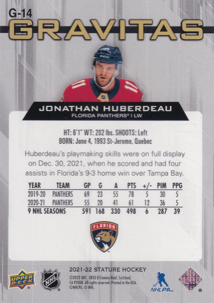 2021-22 UD Stature - Jonathan Huberdeau - Gravitas #G-14