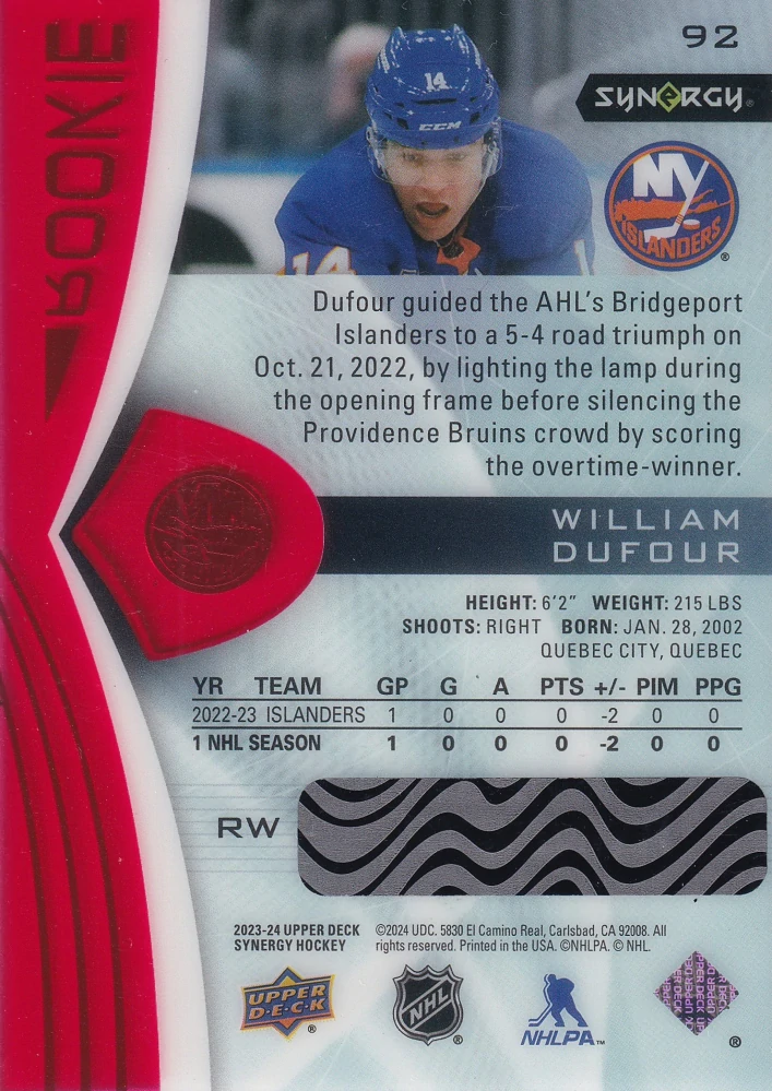 2023-24 UD Synergy - William Dufour - Rookie #92