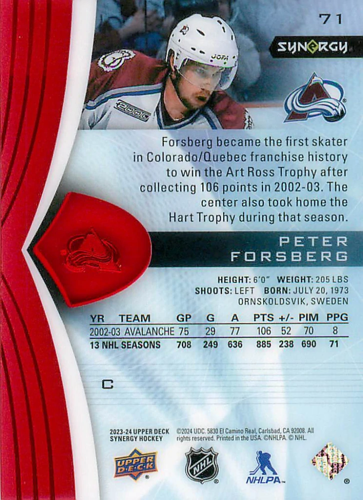 2023-24 UD Synergy - Peter Forsberg #71