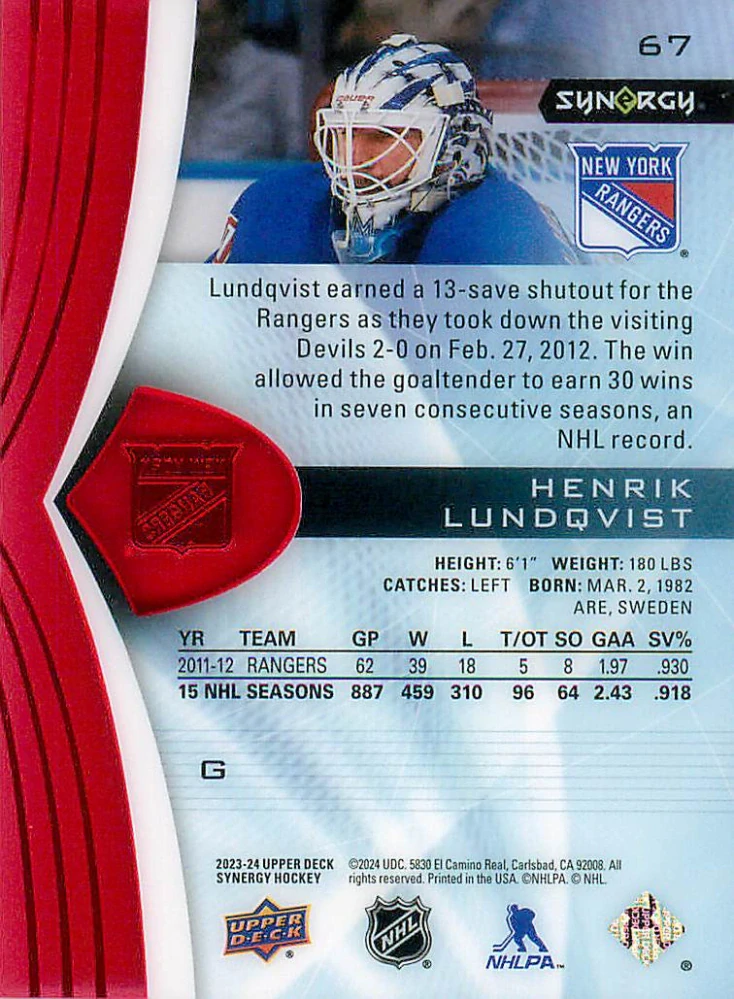 2023-24 UD Synergy - Henrik Lundqvist #67