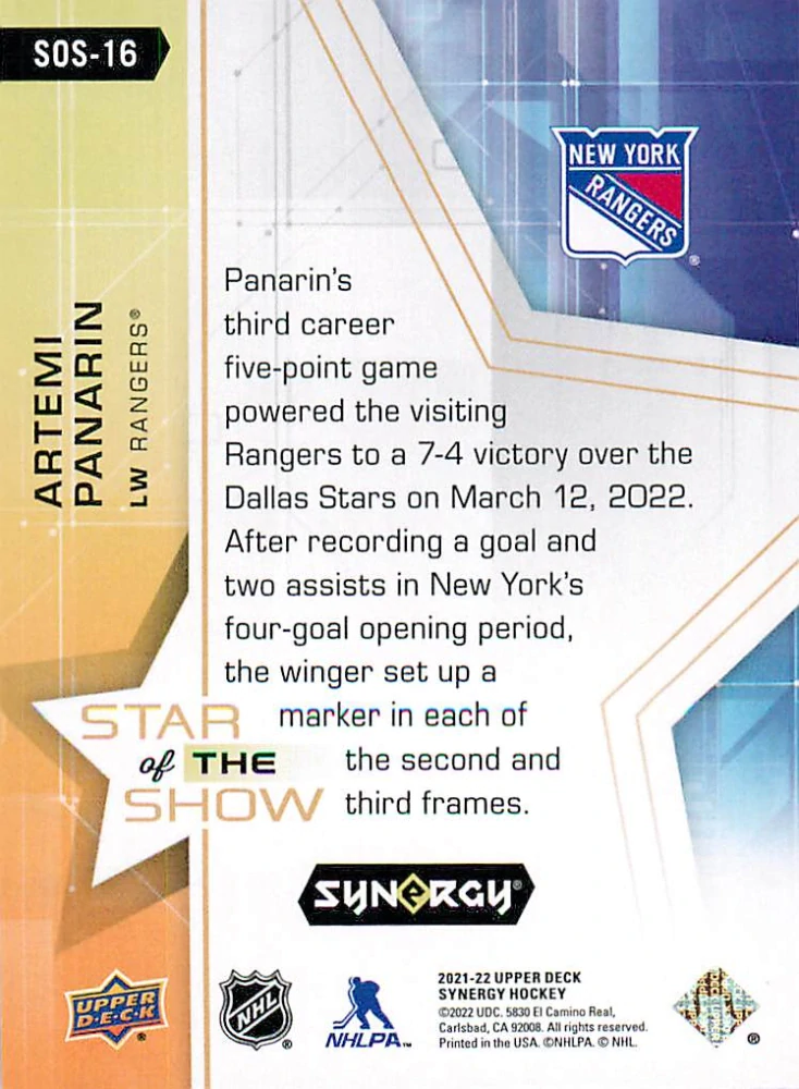 2021-22 UD Synergy - Artemi Panarin - Star of the Show #SOS-16