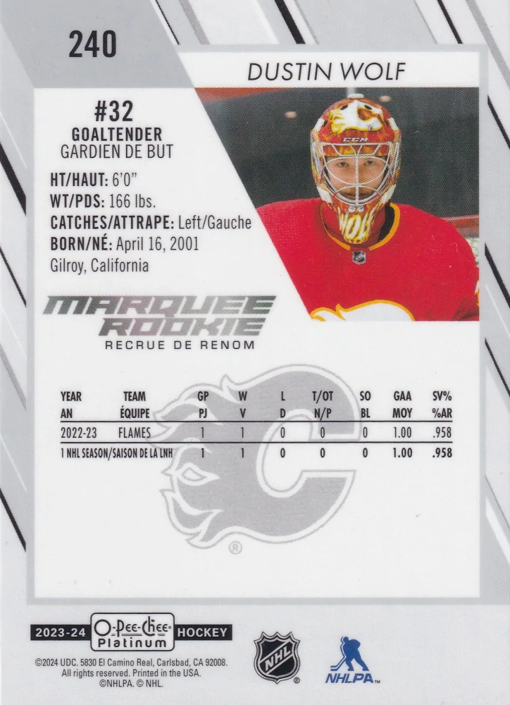 2023-24 UD O-Pee-Chee Platinum - Dustin Wolf - Marquee Rookie #240