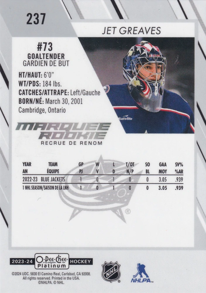 2023-24 UD O-Pee-Chee Platinum - Jet Greaves - Marquee Rookie #237