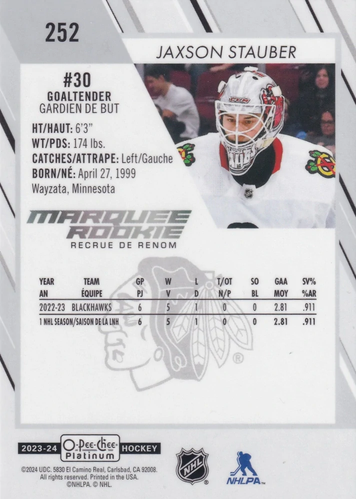 2023-24 UD O-Pee-Chee Platinum - Jaxson Stauber - Marquee Rookie #252