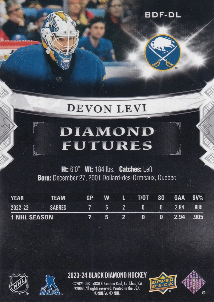 2023-24 UD Black Diamond - Devon Levi - Diamond Futures /299 #BDF-DL