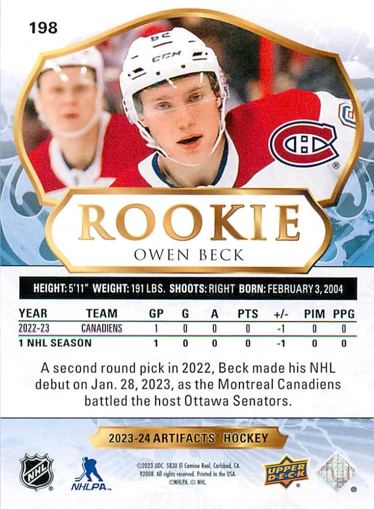 2023-24 UD Artifacts - Owen Beck - Rookie Royal Blue /199 #198