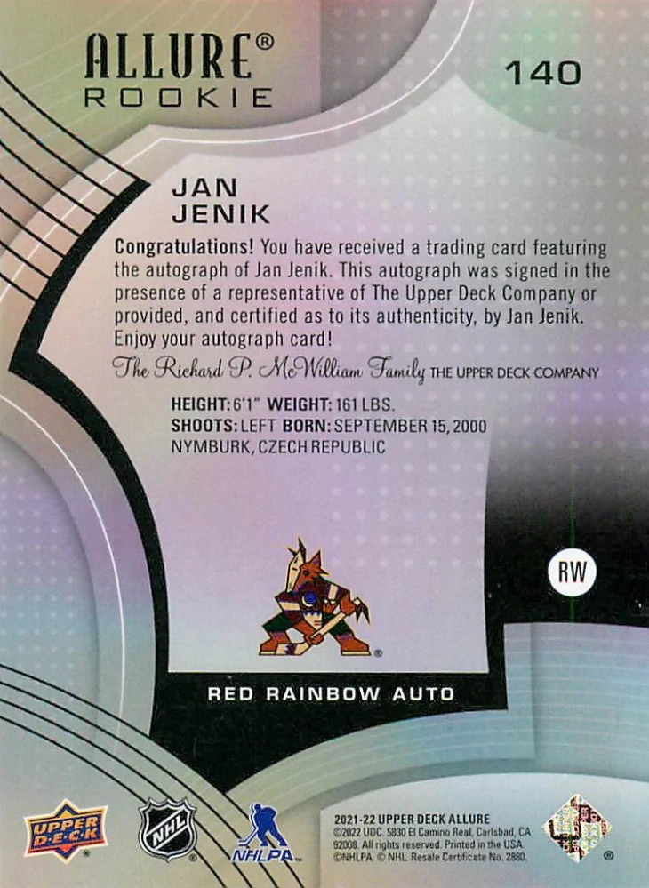 2021-22 UD Allure - Jan Jeník - Red Rainbow Autographs #140