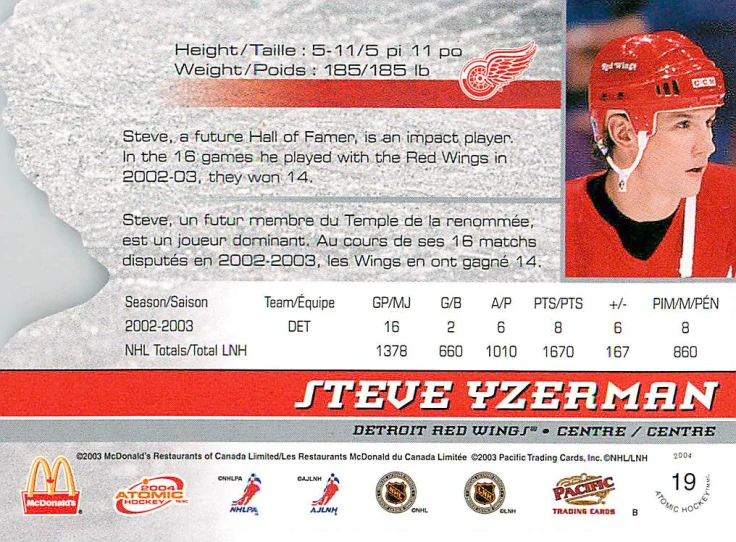 2003-04 Pacific Atomic McDonald's - Steve Yzerman #19