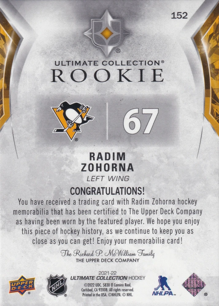 2021-22 UD Ultimate Collection - Radim Zohorna - Rookie Jersey /699 #152