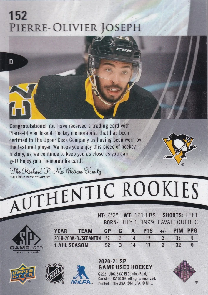 2020-21 UD SP Game Used - Pierre-Olivier Joseph - Authentic Rookies Jersey #152