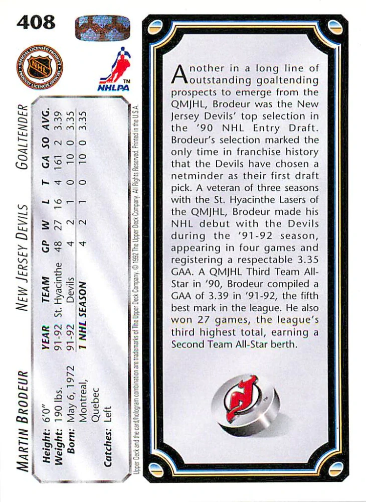 1992-93 UD Series - Martin Brodeur - Star Rookies #408