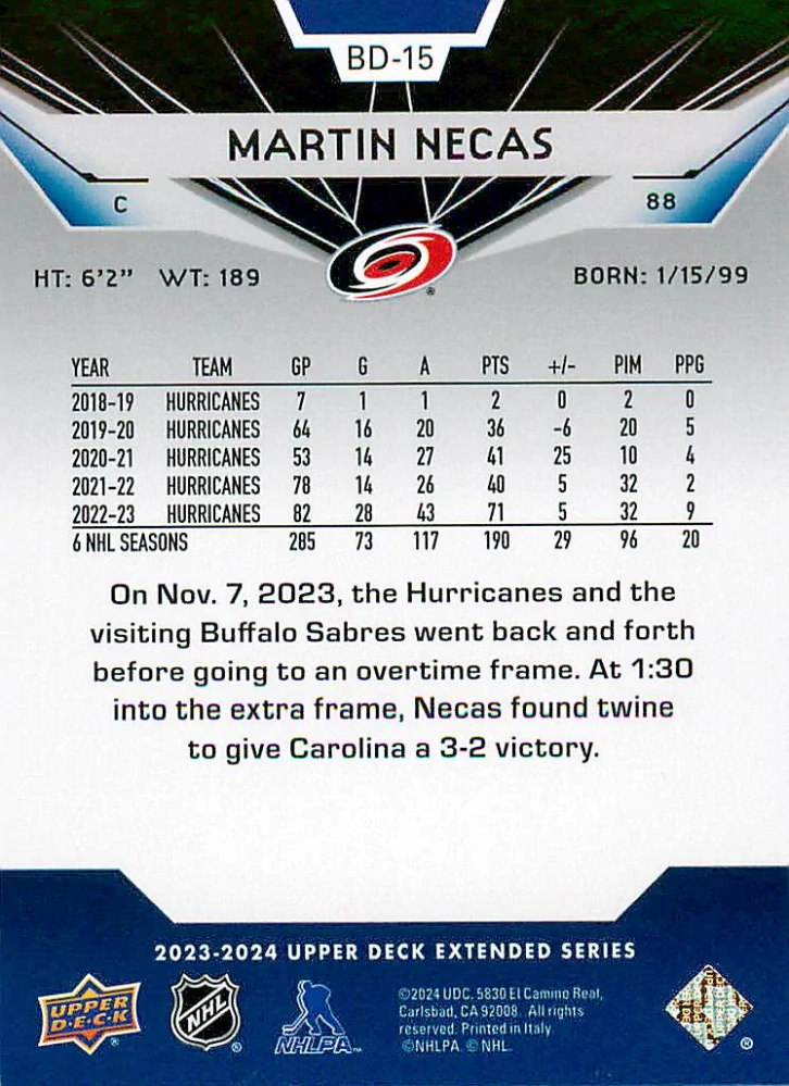 2023-24 UD Extended Series - Martin Nečas - 2007-08 Black Diamond #BD-15