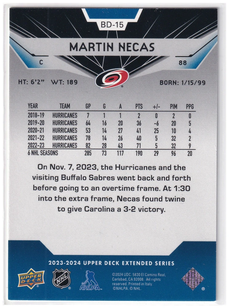 2023-24 UD Extended Series - Martin Nečas - 2007-08 Black Diamond #BD-15