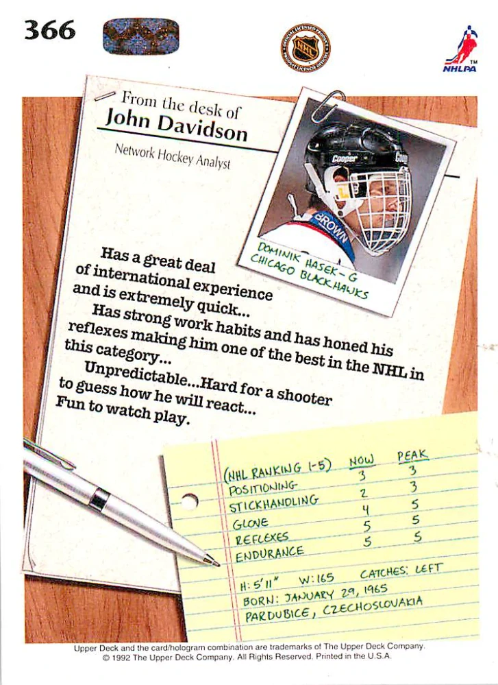 1992-93 UD Series - Dominik Hašek - Rookie Report #366