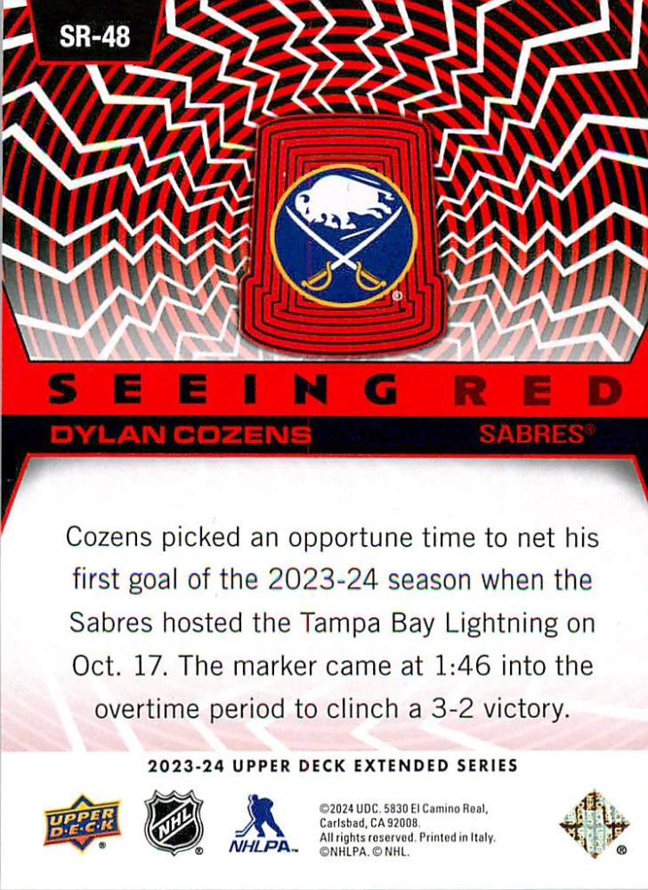 2023-24 UD Extended Series - Dylan Cozens - Seeing Red #SR-48