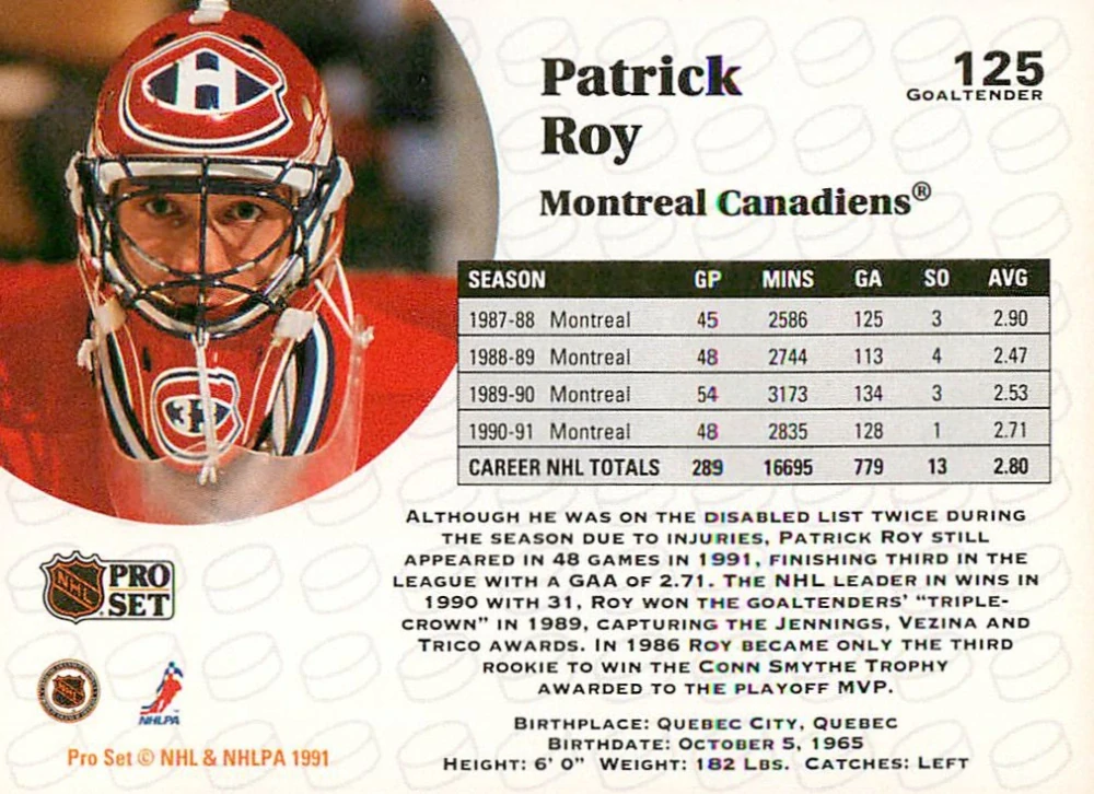 1991-92 Pro Set - Patrick Roy #125