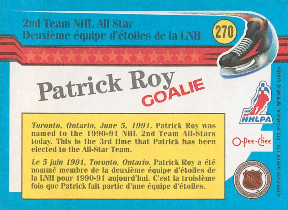 1991-92 O-Pee-Chee - Patrick Roy - All-Star #270