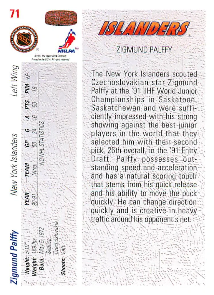 1991-92 UD Series - Žigmund Pálffy - 1991 Draft Choice #71