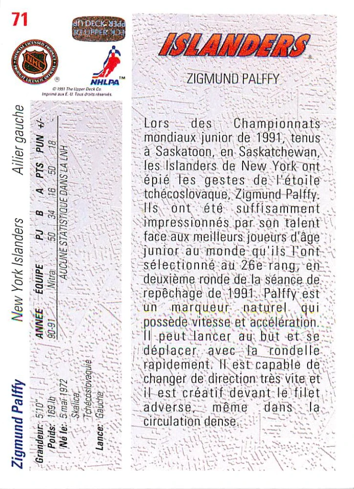 1991-92 UD Series - Žigmund Pálffy - 1991 Draft Choice (French) #71
