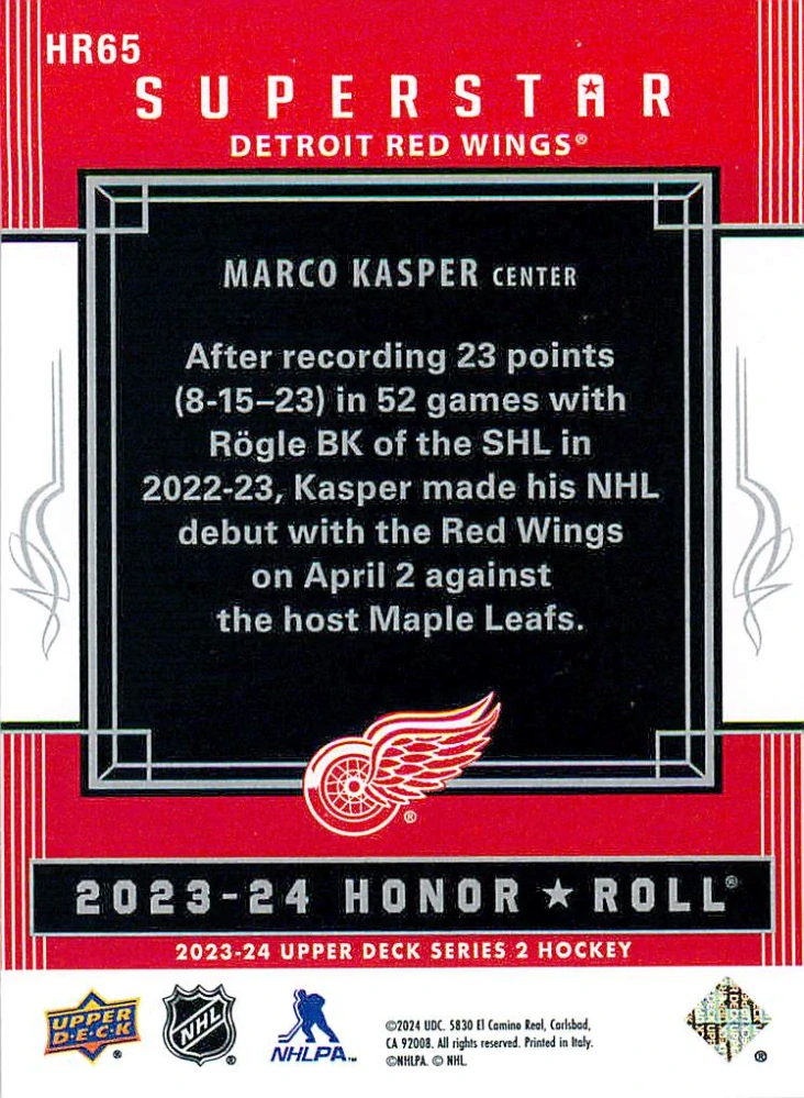 2023-24 UD Series 2 - Marco Kasper - Superstar Honor Roll #HR65