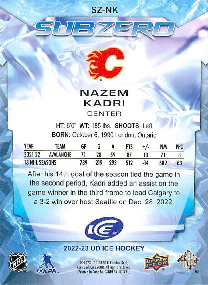 2022-23 UD Ice - Nazem Kadri - Sub Zero #SZ-NK
