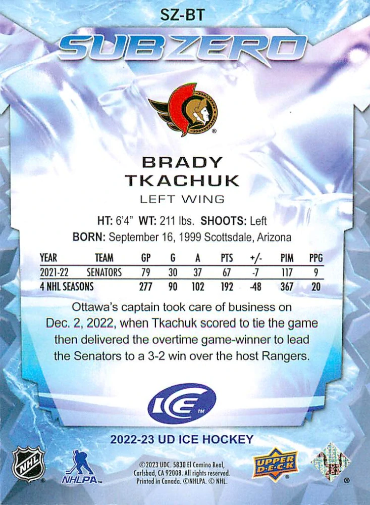 2022-23 UD Ice - Brady Tkachuk - Sub Zero #SZ-BT