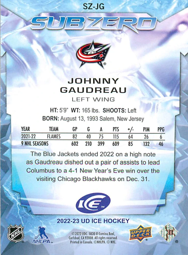 2022-23 UD Ice - Johnny Gaudreau - Sub Zero #SZ-JG