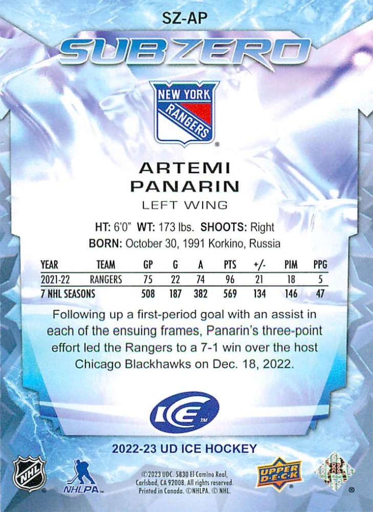 2022-23 UD Ice - Artemi Panarin - Sub Zero #SZ-AP
