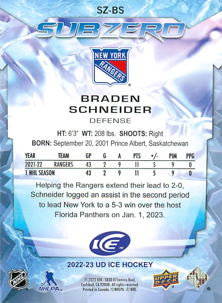 2022-23 UD Ice - Braden Schneider - Sub Zero Rookies /999 #SZ-BS