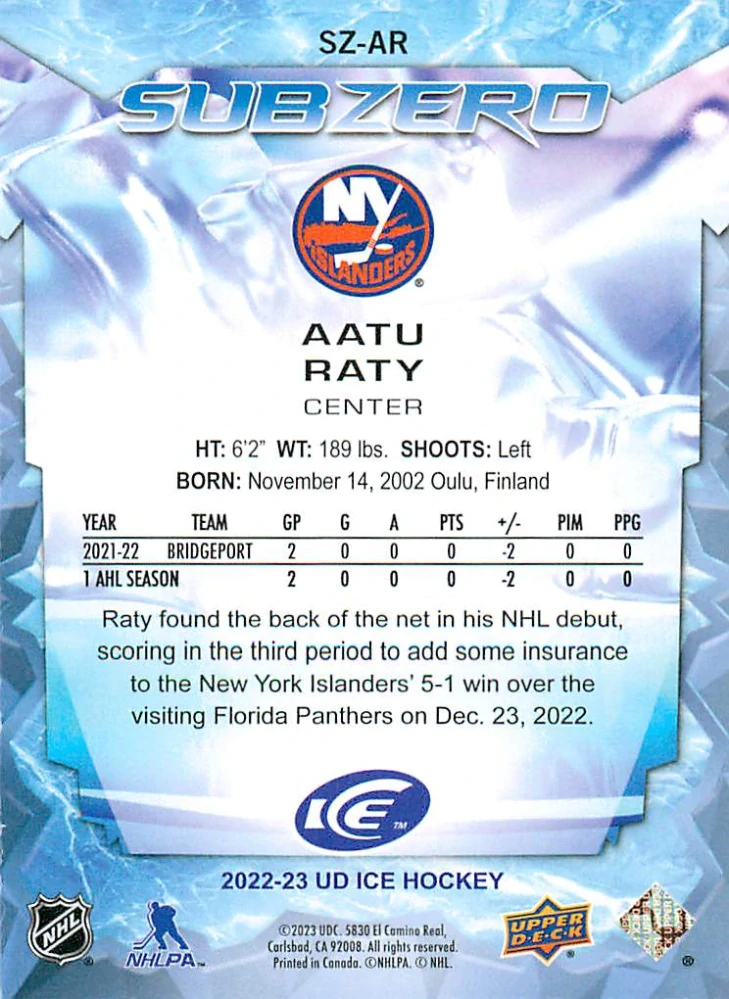 2022-23 UD Ice - Aatu Raty - Sub Zero Rookies /999 #SZ-AR