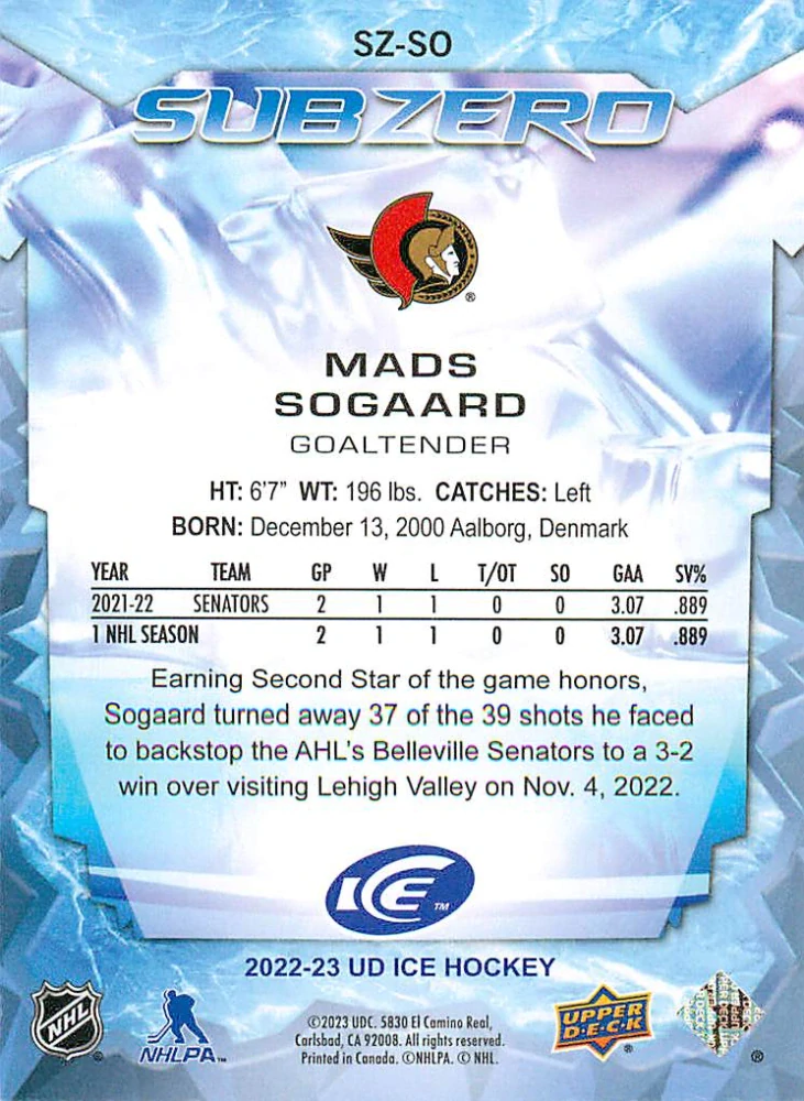 2022-23 UD Ice - Mads Sogaard - Sub Zero Rookies /999 #SZ-SO