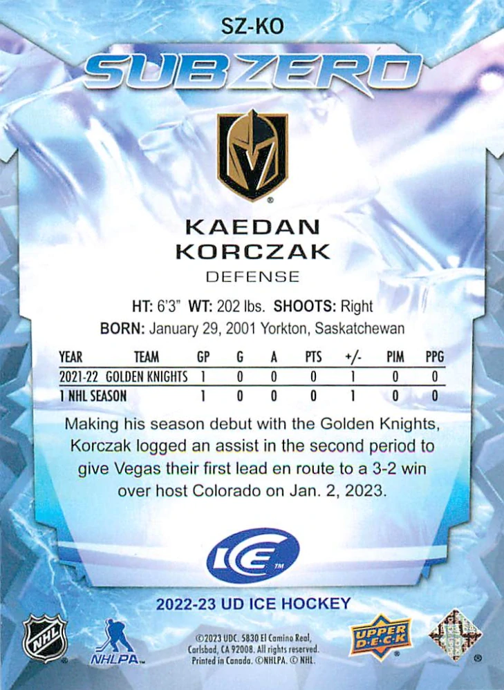 2022-23 UD Ice - Kaedan Korczak - Sub Zero Rookies /999 #SZ-KO